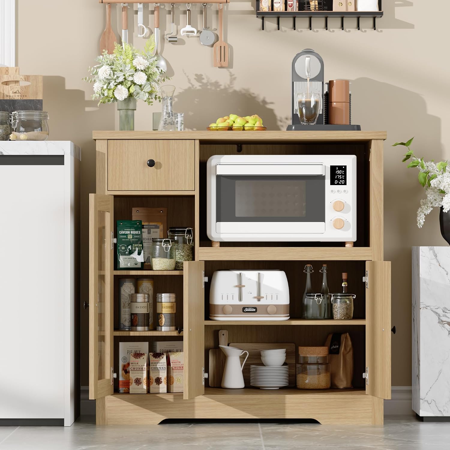 Senfot Kitchen Microwave Cabinet with Storage and Drawers, Modern Small Buffet Cabinet with Glass Doors and Adjustable Shelf, Wooden Sideboard with Wide Top for Dining Room, Living Room, Natural