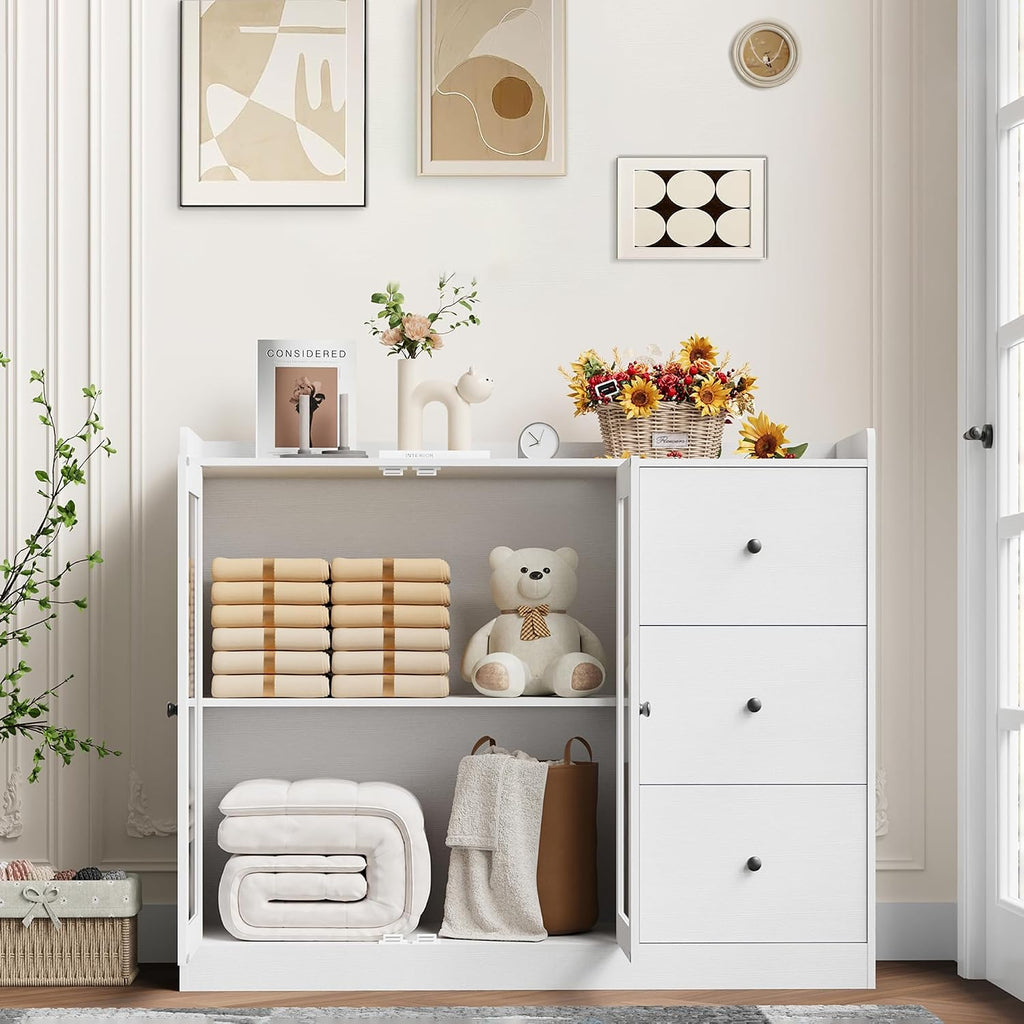 GarveeHome 35 in Kitchen Hutch Storage Cabinet, Coffee Bar Cabinet with 3 Drawers, Freestanding Food Pantry with Countertop for Living Dining Room (White, Low Cabinet)