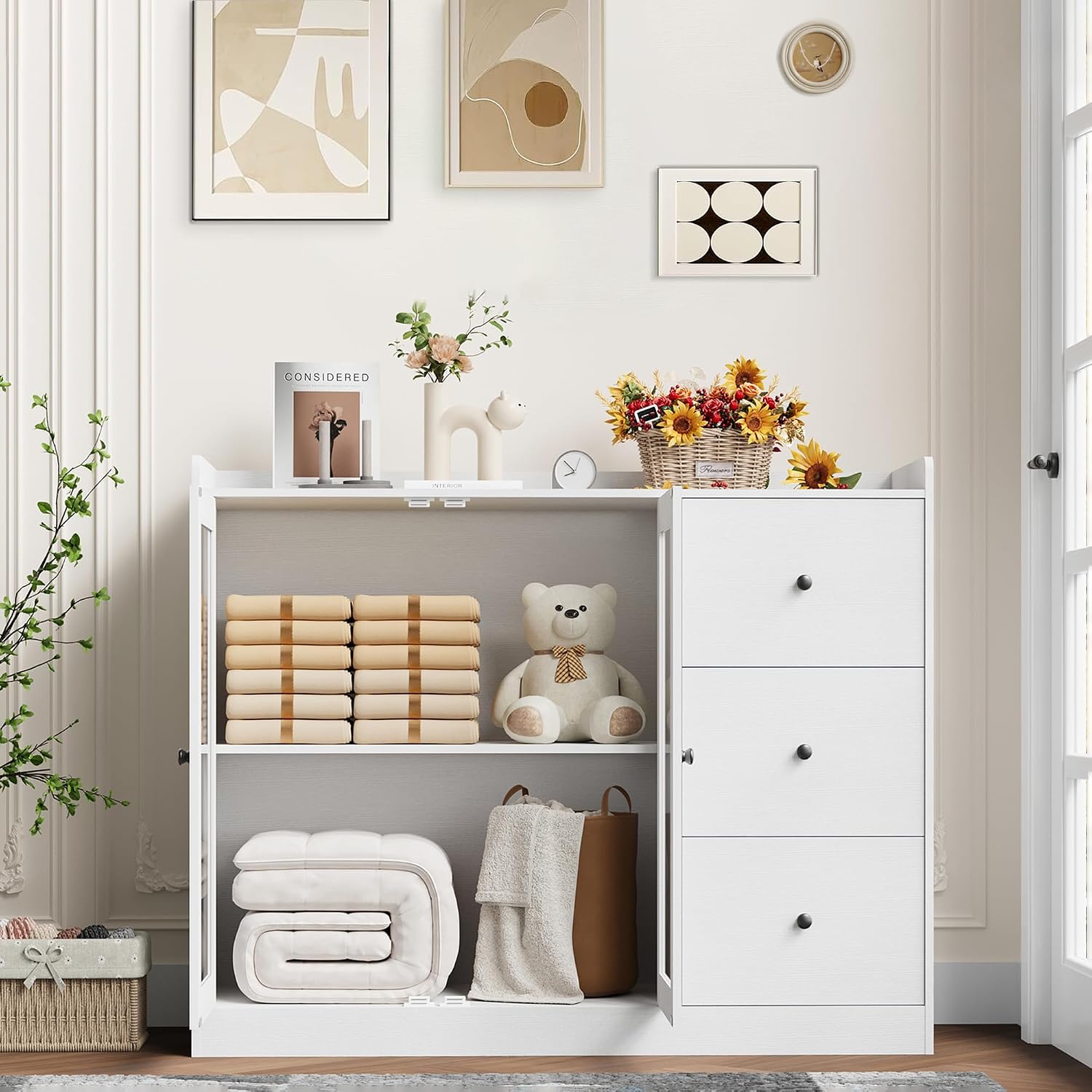GarveeHome 35 in Kitchen Hutch Storage Cabinet, Coffee Bar Cabinet with 3 Drawers, Freestanding Food Pantry with Countertop for Living Dining Room (White, Low Cabinet)