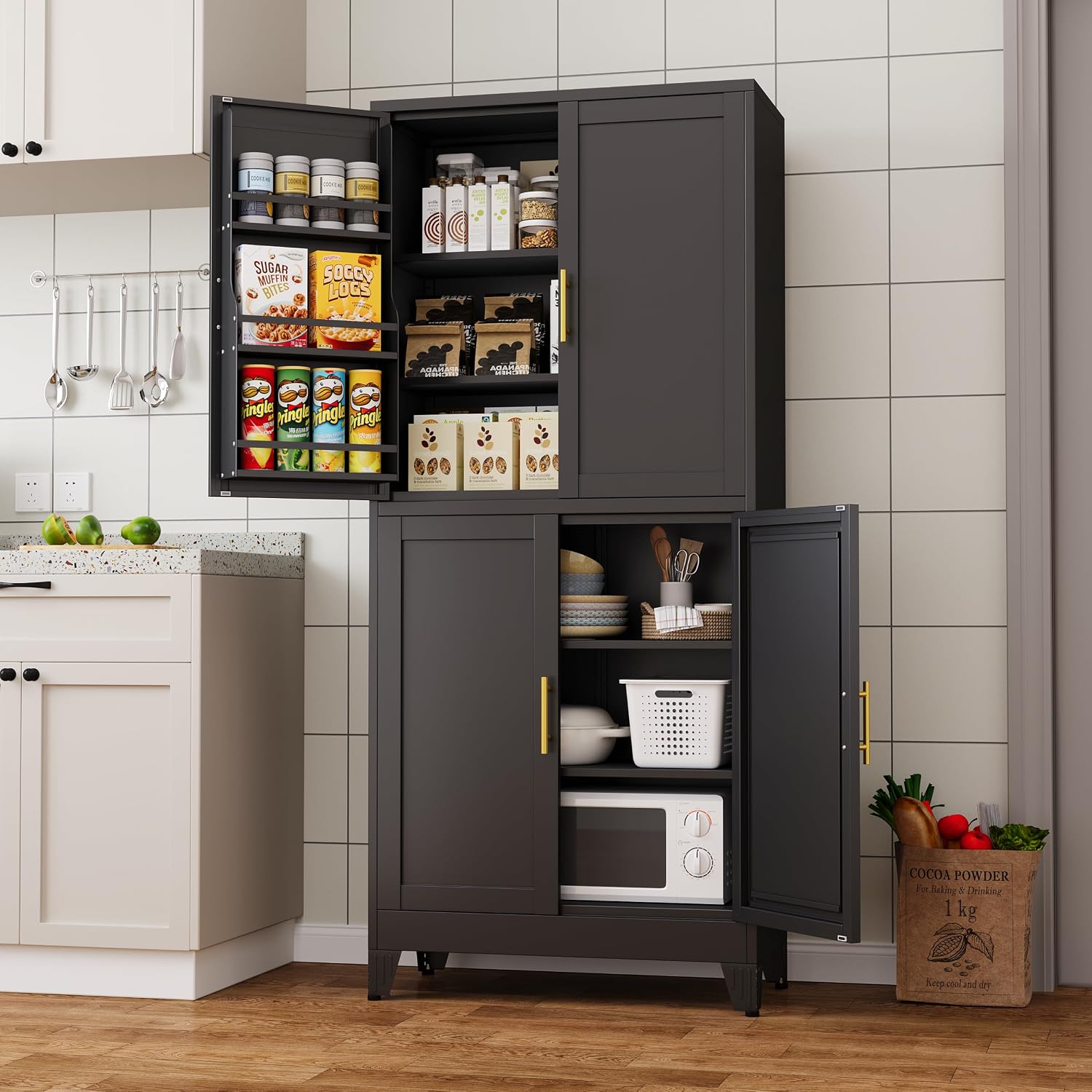 PAOFIN 75' H Metal Storage Cabinet, Pantry with 6 Door Shelves and 4 Adjustable Shelves, Leveling Foot for Kitchen, Living Room and Dinning Room, Black