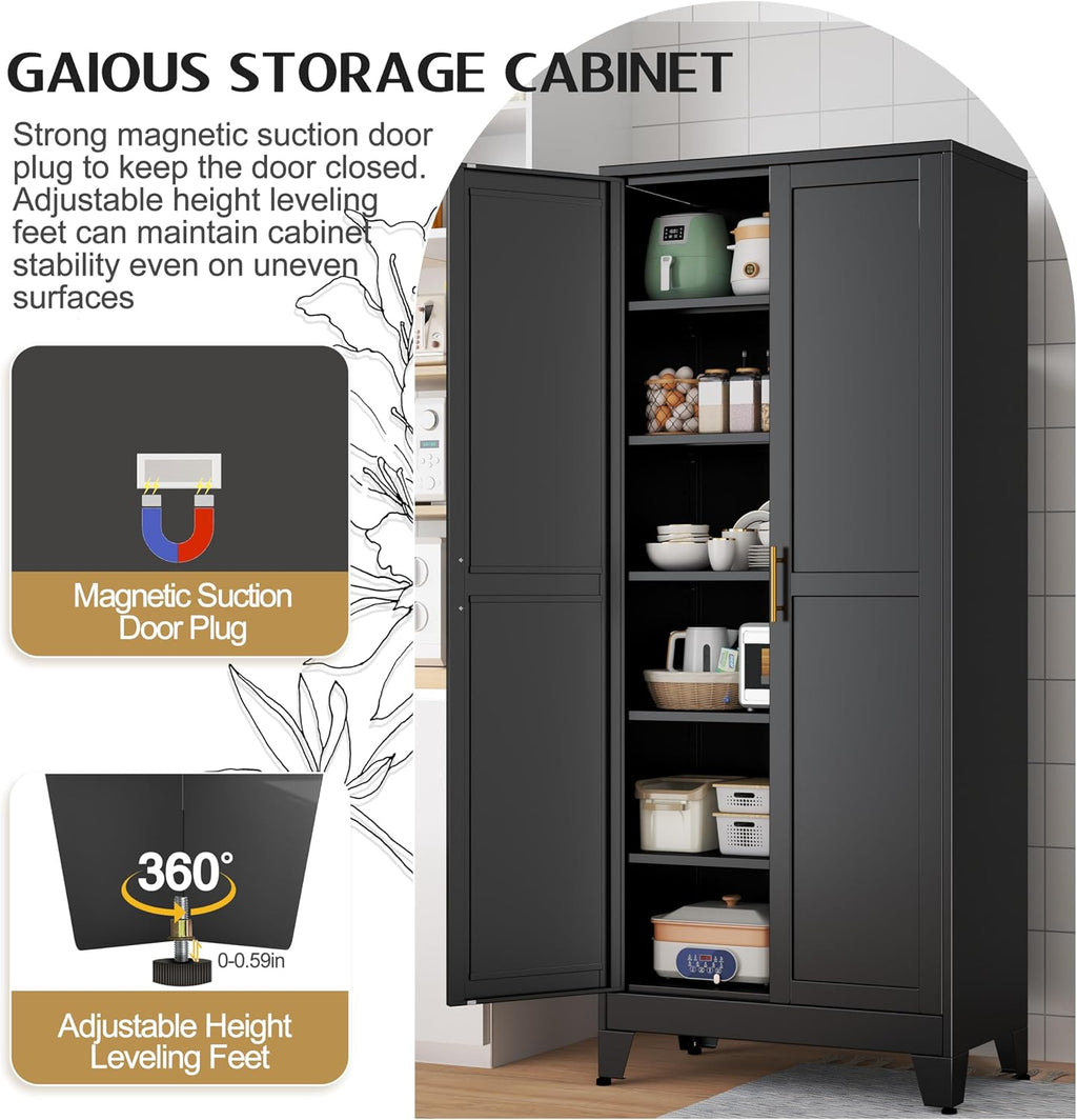 GAIOUS 75.2' Tall Storage Cabinet, Pantry Storage Cabinets with 2 Door and 5 Adjustable Shelves, Black Kitchen Food Cabinet, Metal Utility Cabinets for Kitchen, Dinning Room, Laundry Room