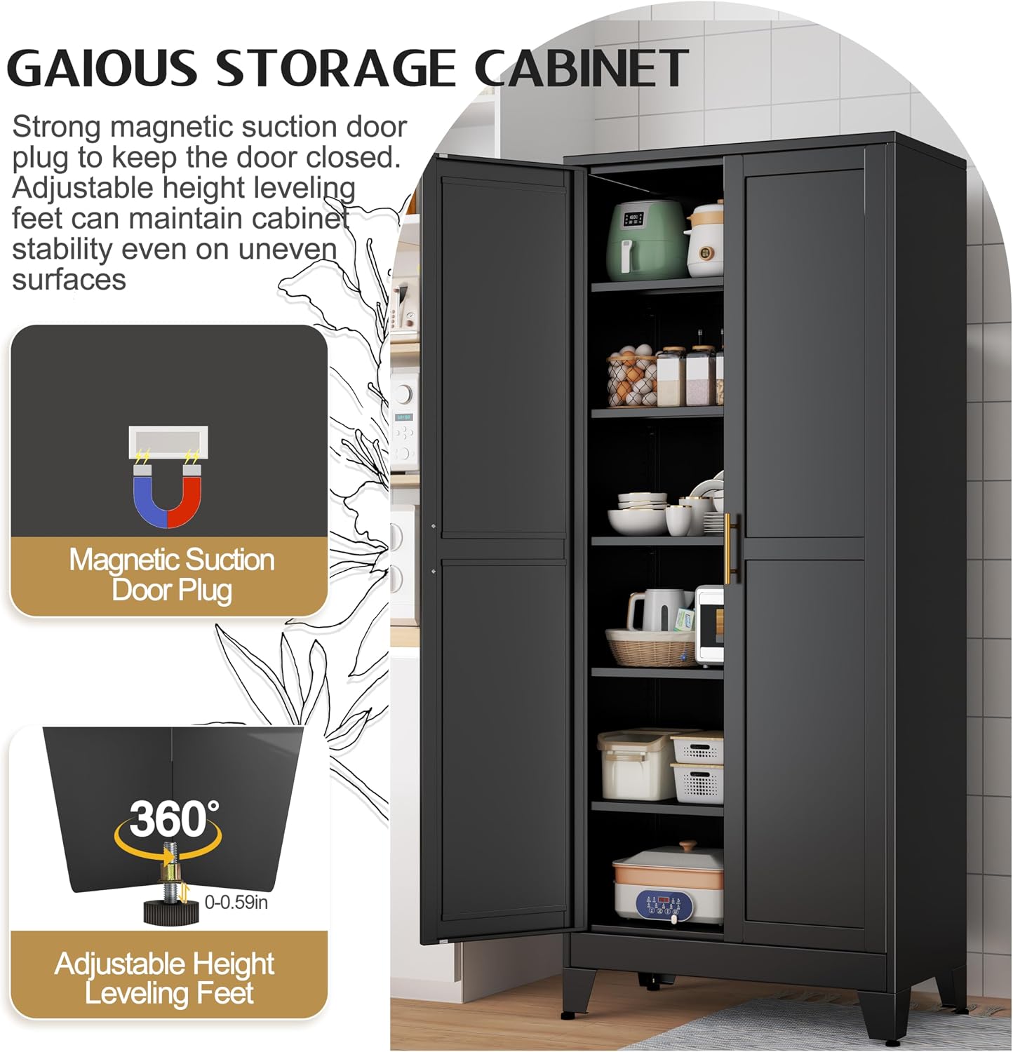 GAIOUS 75.2' Tall Storage Cabinet, Pantry Storage Cabinets with 2 Door and 5 Adjustable Shelves, Black Kitchen Food Cabinet, Metal Utility Cabinets for Kitchen, Dinning Room, Laundry Room