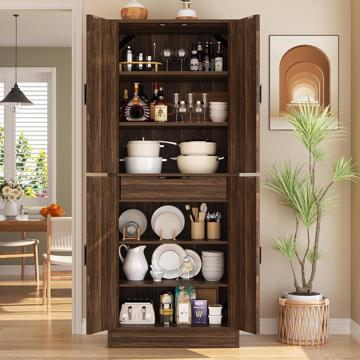 Unikito 71' Farmhouse Kitchen Pantry Storage Cabinet with Barn Doors, Adjustable Shelves & Drawer Organizer, Versatile Tall Storage Cupboard for Dining Room, Bathroom, Utility Room, Weathered Brown