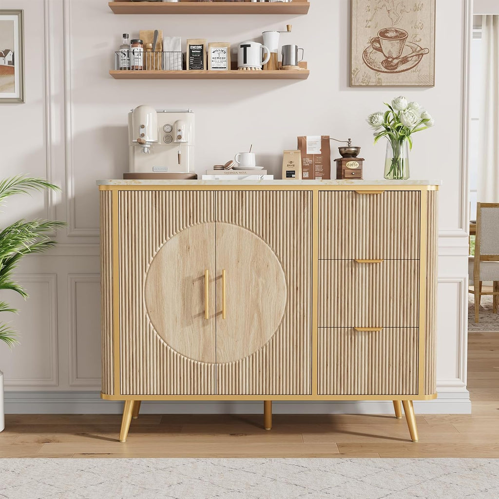 47.3' Modern Buffet Cabinet with Storage, Kitchen Sideboard Buffet with 2 Door & 3 Drawers, Fluted Caffee Bar Storage Cabinet for Dining Room, Living Room, Entryway, Natural Oak