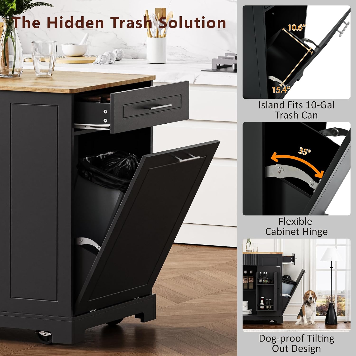 Fluted Rolling Kitchen Island Cart on 5 Wheels with Trash Can Storage Cabinet, Power Outlet, 3 Drawer, 3 Open Side Racks, 10 Gallon Garbage Bin for Kitchen, Dining Room, Black