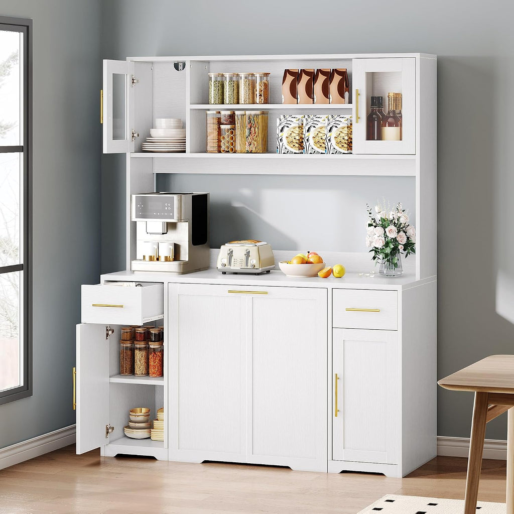 Hutch Cabinet with Storage, 65' Tall Kitchen Pantry with Power Outlet, Double Pull Out Trash Can Cabinet, Kitchen Hutch with Countertop and Drawers, Modern Pantries for Home, White