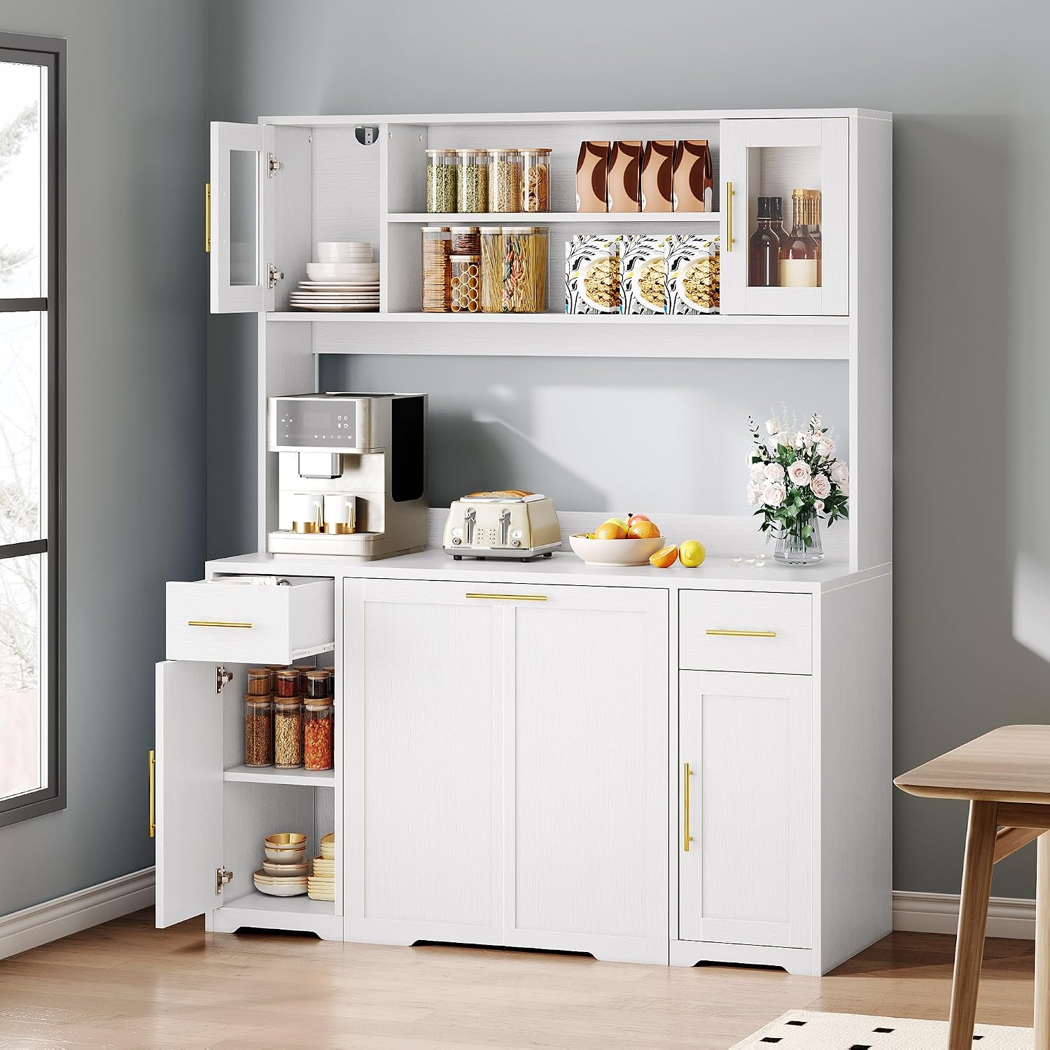 Hutch Cabinet with Storage, 65' Tall Kitchen Pantry with Power Outlet, Double Pull Out Trash Can Cabinet, Kitchen Hutch with Countertop and Drawers, Modern Pantries for Home, White