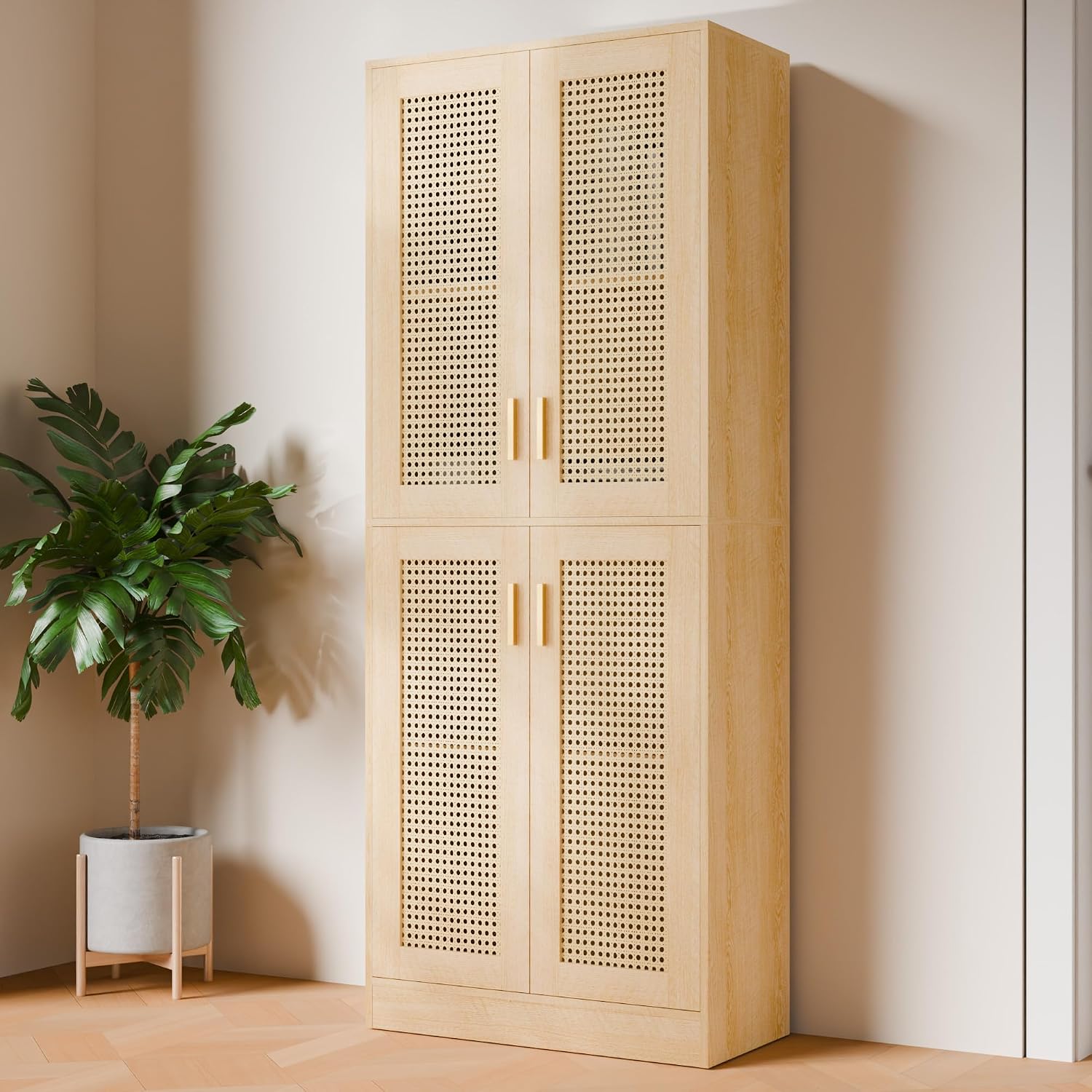Cozy Castle Kitchen Pantry Cabinet, 71' Tall Rattan Doors Storage Cabinet and Adjustable Shelves, Modern Farmhouse Wood Cupboard Utility Hutch for Kitchen, Dining Room, Living Room (Oak)