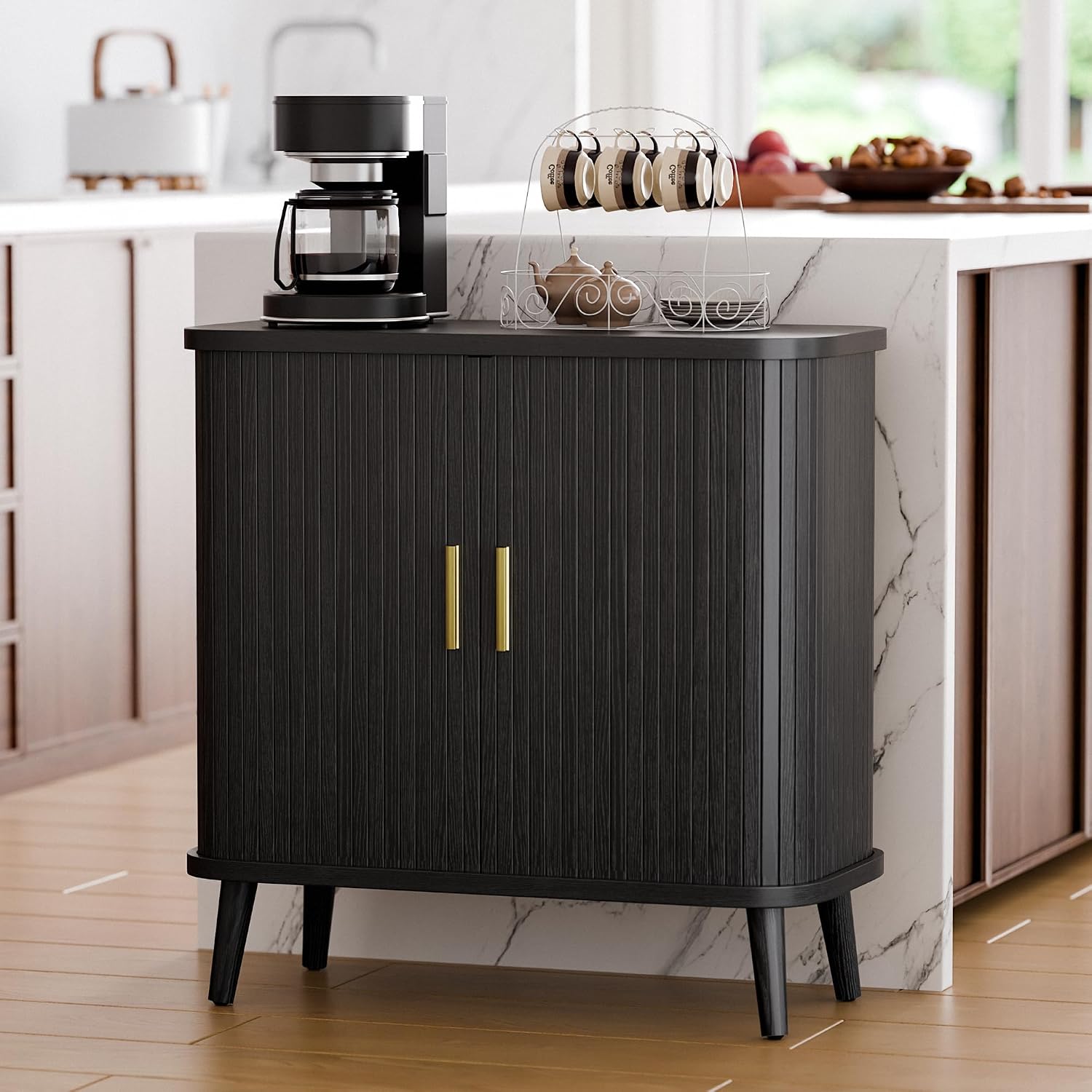 Lulive Black Buffet Cabinet, Sideboard Buffet Storage Cabinet with Sliding Doors, Modern Bar Cabinet for Kitchen & Dining Room