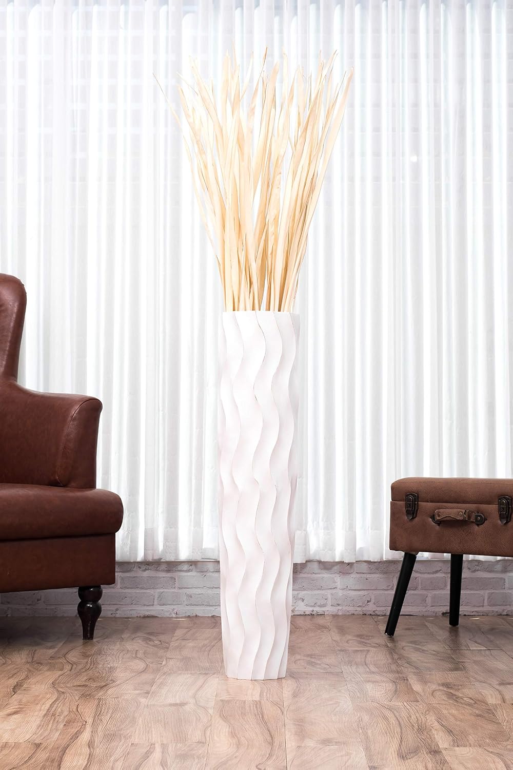 Leewadee Large White Wash Home Decor Floor Vase – Wooden 36 inches Tall Farmhouse Decor Flower Holder for Fake Plant and Pampas Grass