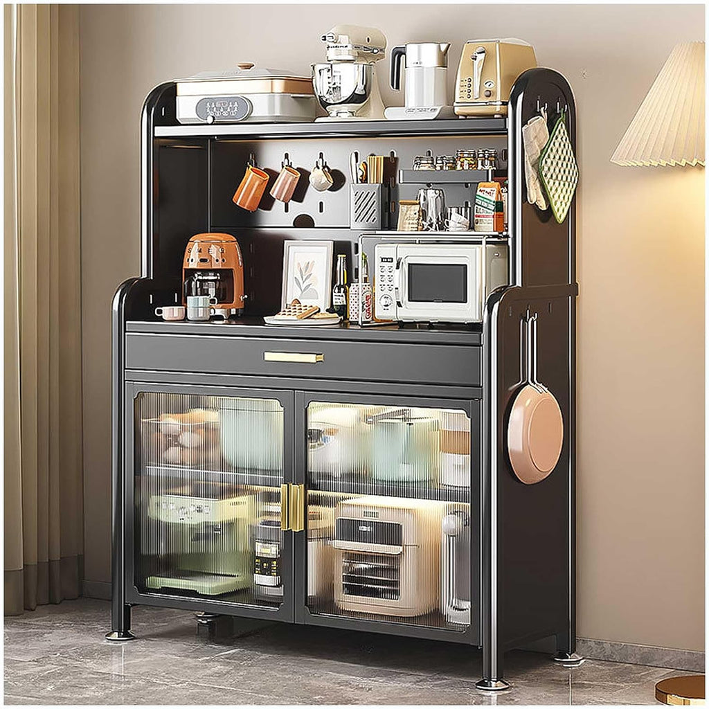 Modern Black Bakers Rack with Drawer 5 Tier Microwave Stand and Adjustable Shelf Free Standing Kitchen Storage Cabinet 58×31.5in