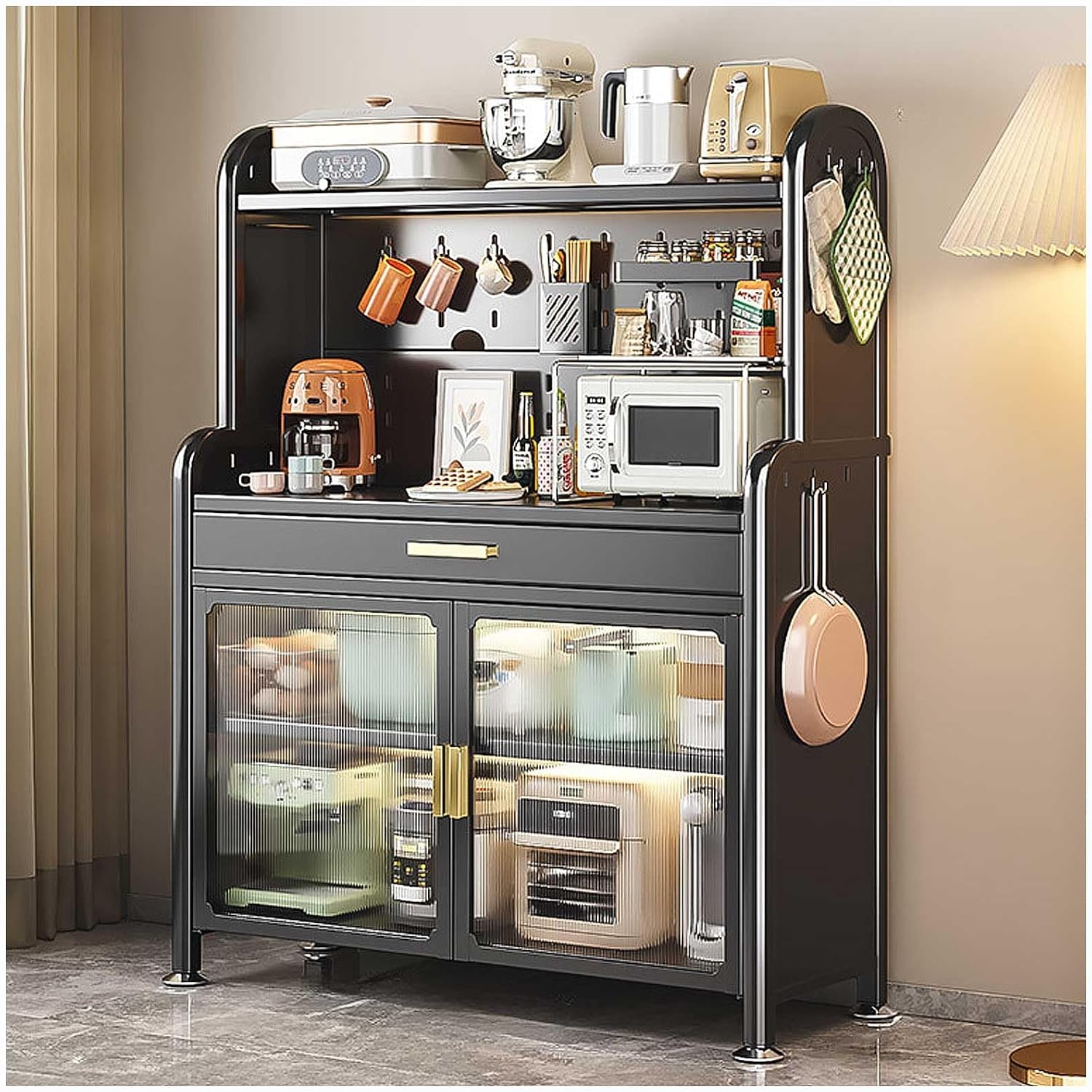 Modern Black Bakers Rack with Drawer 5 Tier Microwave Stand and Adjustable Shelf Free Standing Kitchen Storage Cabinet 58×31.5in