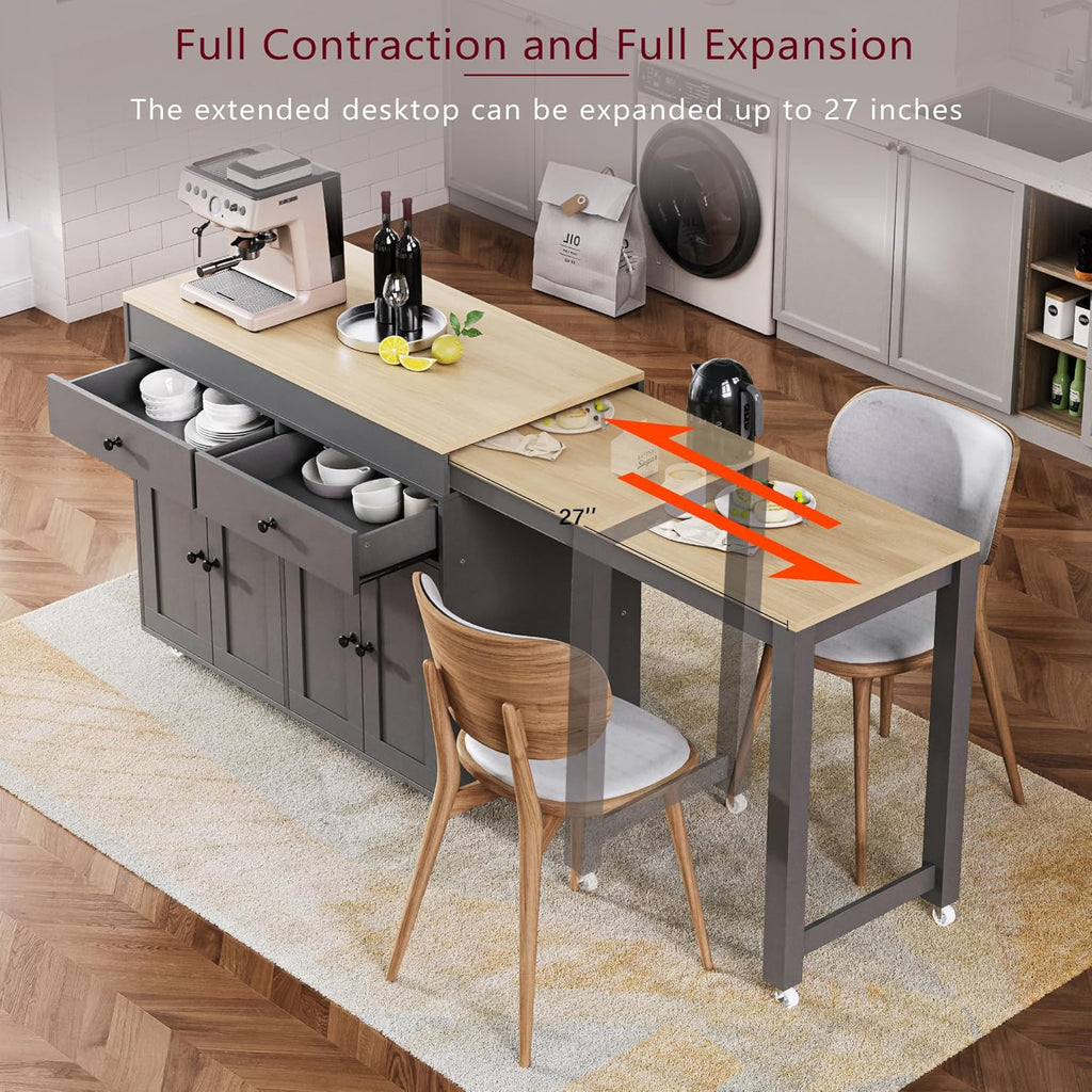 74.5' Rolling Kitchen Island with Extendable Dining Table, Storage Cart on Wheels with 2 Drawers, Spice Rack, 4 Door Cabinet for Kitchen, Dining Room, Grey