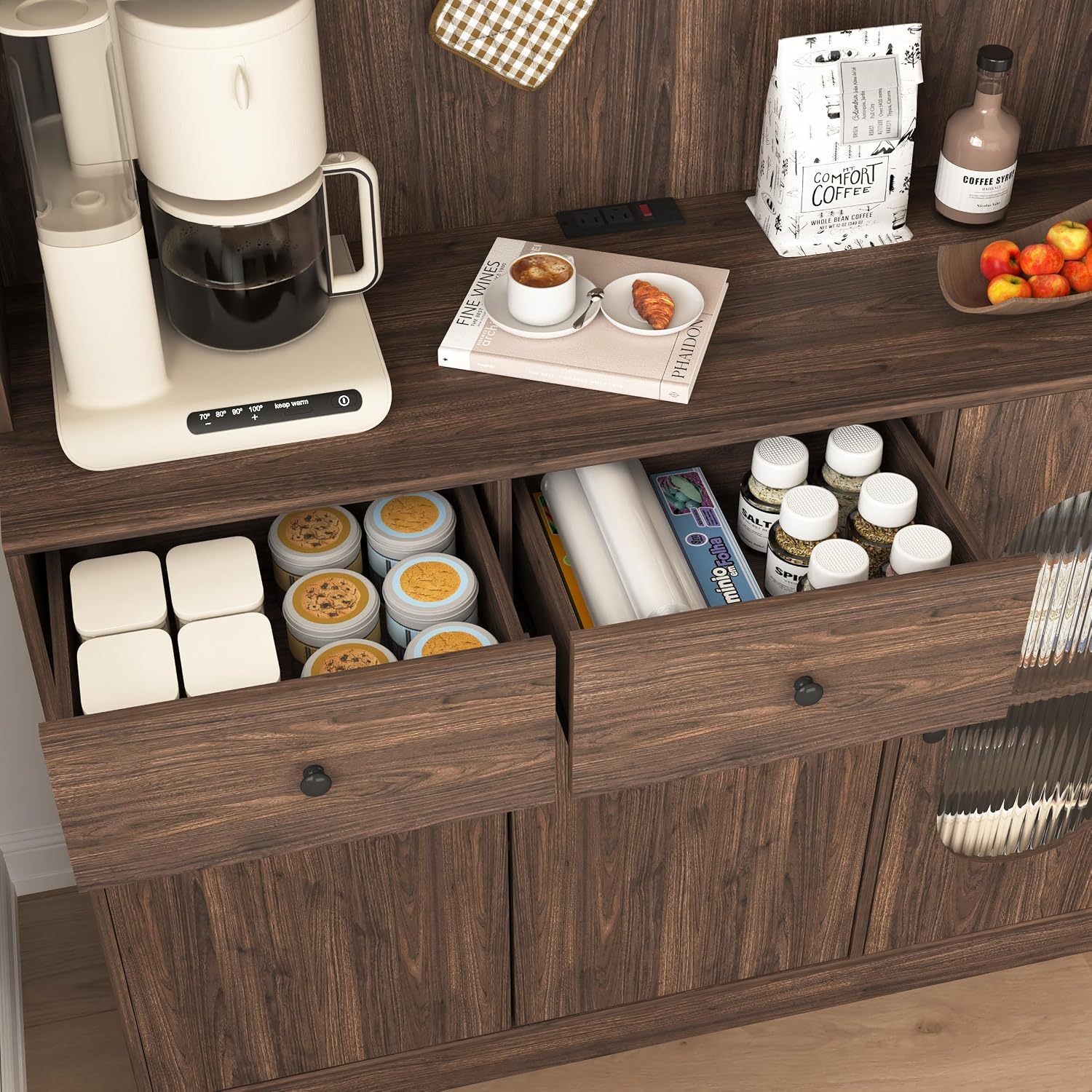 71' Tall Kitchen Pantry Storage Cabinet with Glass Doors Large Capacity Display, Microwave Stand, Bakers Rack with Storage for Kitchen, Pantry, Living Room (Walnut)