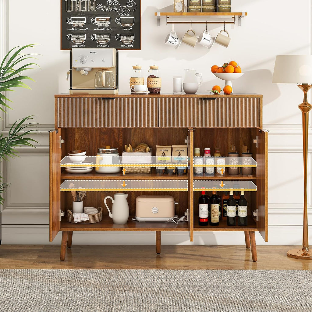 LYNCOHOME Fluted Sideboard Buffet Cabinet with Storage,2 Drawers and 3 Doors,Wood Coffee Bar Cabinet with Solid Wood Feet for Kitchen,Hallway