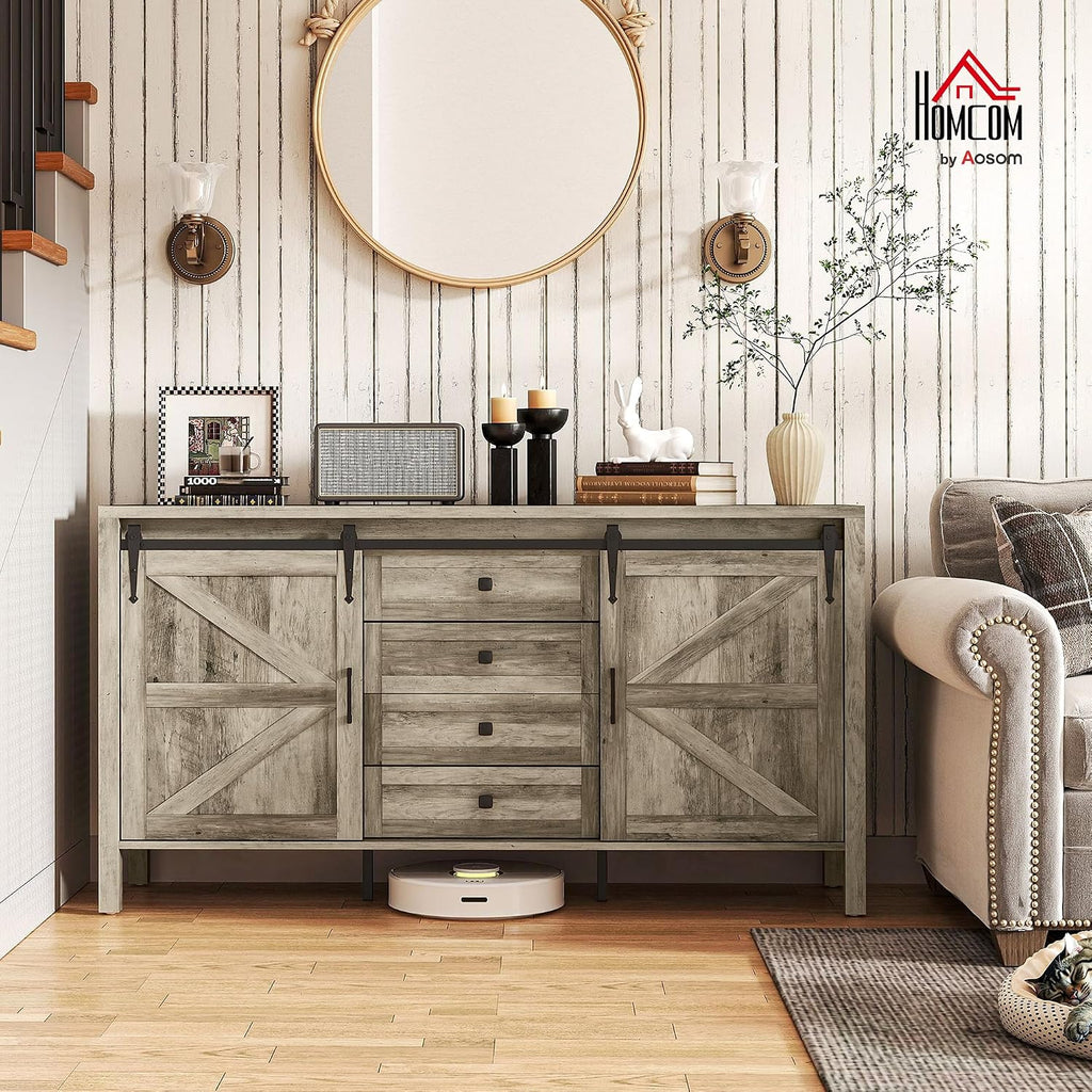 HOMCOM 59 Inch Farmhouse Sideboard Buffet Cabinet with Thick Top, Coffee Bar Cabinet with 2 Sliding Barn Doors, 4 Drawers and 2 Adjustable Shelves for Kitchen, Gray Wash