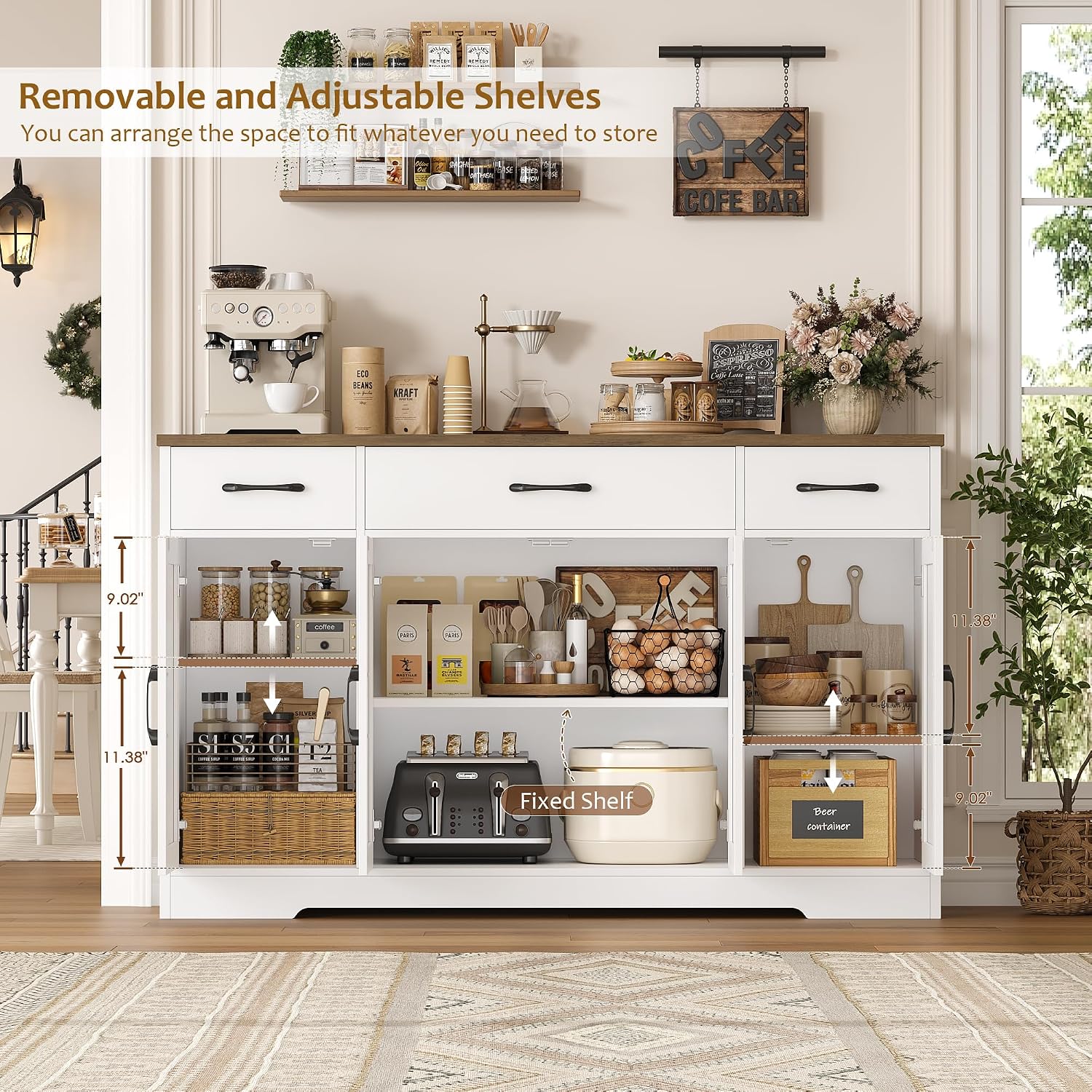 HOSTACK Buffet Cabinet with Drawers, 55' Large Sideboard Buffet Storage Cabinet with Shelves and Doors, Modern Farmhouse Coffee Bar Station Wood Kitchen Table for Kitchen, Dining Room, White/Rustic