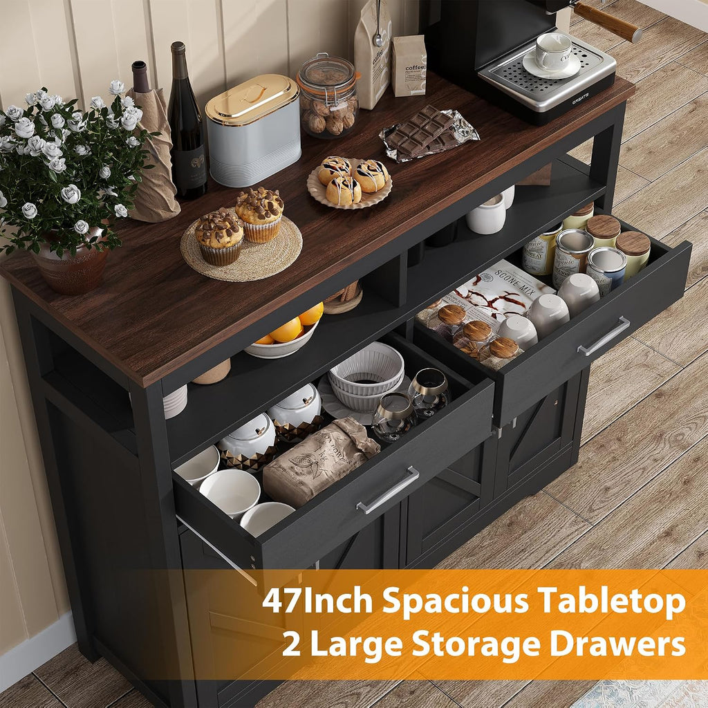 knoworld Buffet Sideboard with Storage Farmhouse with 4 Doors, 47'' Large Kitchen Storage Cabinet Wood Coffee Bar Cabinet Buffet Table with Shelves for Kitchen, Dining Room, Entryway