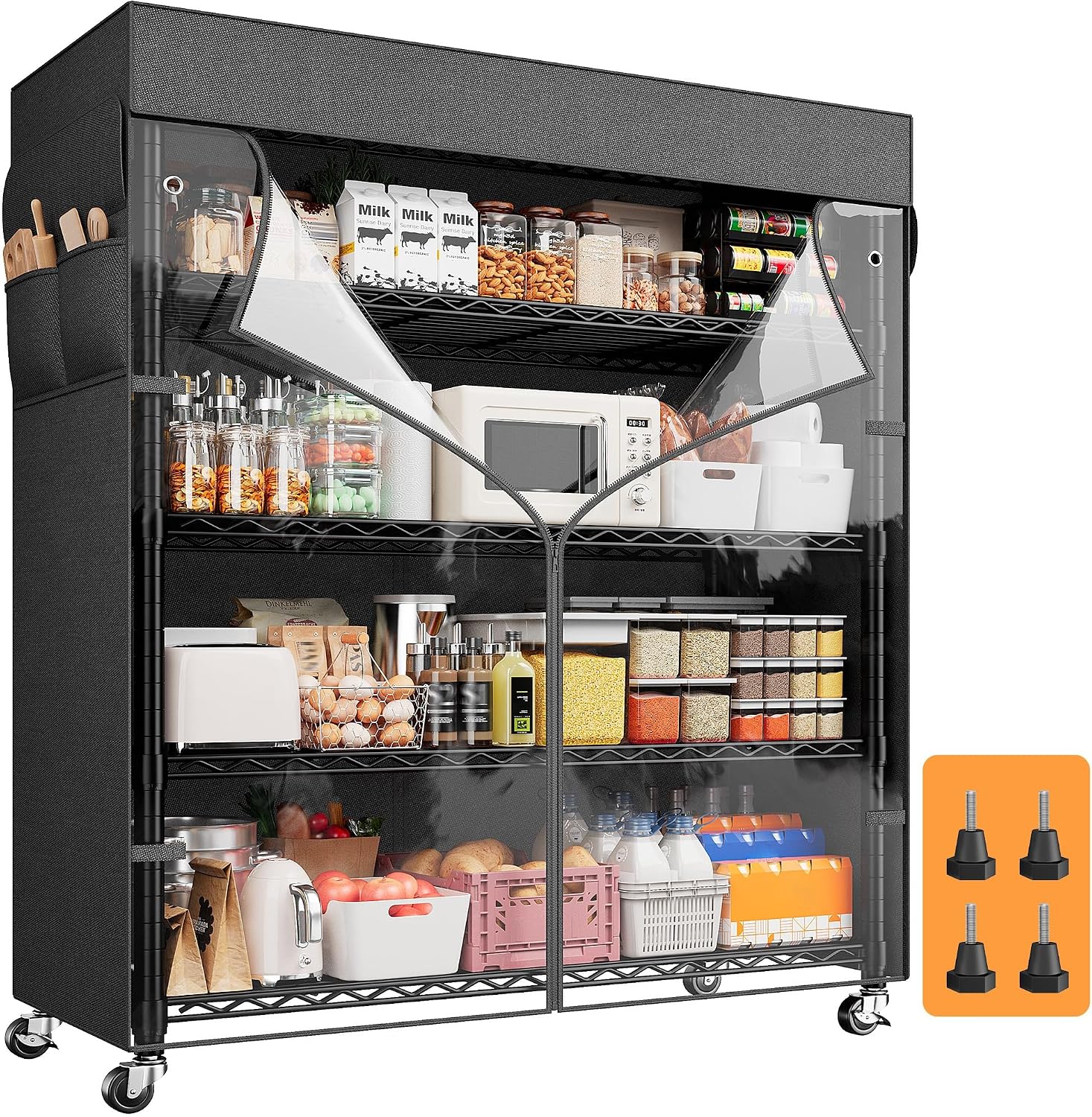 REIBII 72.8' H Storage Shelves with Cover & Wheels, Wire Shelving Heavy Duty Metal Shelving for Pantry Kitchen Garage, Storage Rack Shelf Shelving for Commercial Industrail, 35' W*16' D*72.8' H