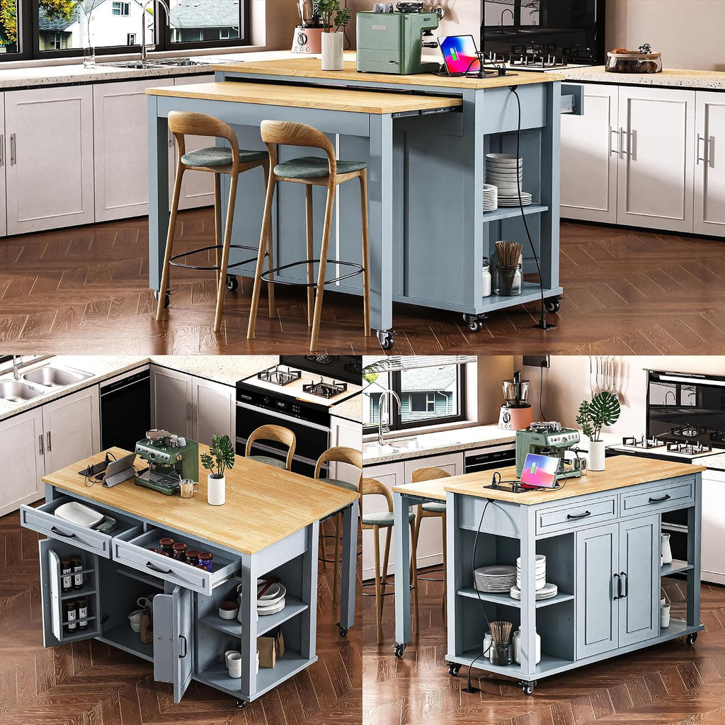 47' Kitchen Island with Extendable Dining Table, Rubber Wood Veneer Kitchen Table with Internal Storage Rack, Power Outlet, 2 Drawers, 2 Cabinet for Kitchen, Dining Room, Grey Blue