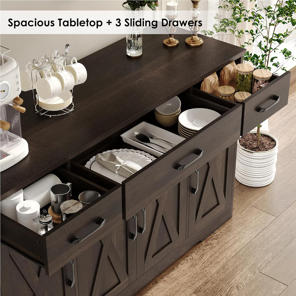 HOSTACK Buffet Cabinet with Drawers, 55' Large Sideboard Buffet Storage Cabinet with Shelves and Doors, Modern Farmhouse Coffee Bar Station Wood Kitchen Table for Kitchen, Dining Room, Dark Brown