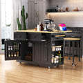 48 Inch Rolling Kitchen Island Storage Cart on 5 Wheels with Drop Leaf, Power Outlet, Door Internal Storage Rack, 5 Open Side Racks, 2 Drawers for Dining Room, Home Bar, Black
