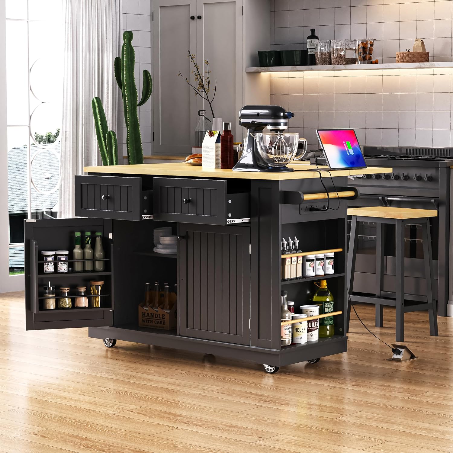 48 Inch Rolling Kitchen Island Storage Cart on 5 Wheels with Drop Leaf, Power Outlet, Door Internal Storage Rack, 5 Open Side Racks, 2 Drawers for Dining Room, Home Bar, Black