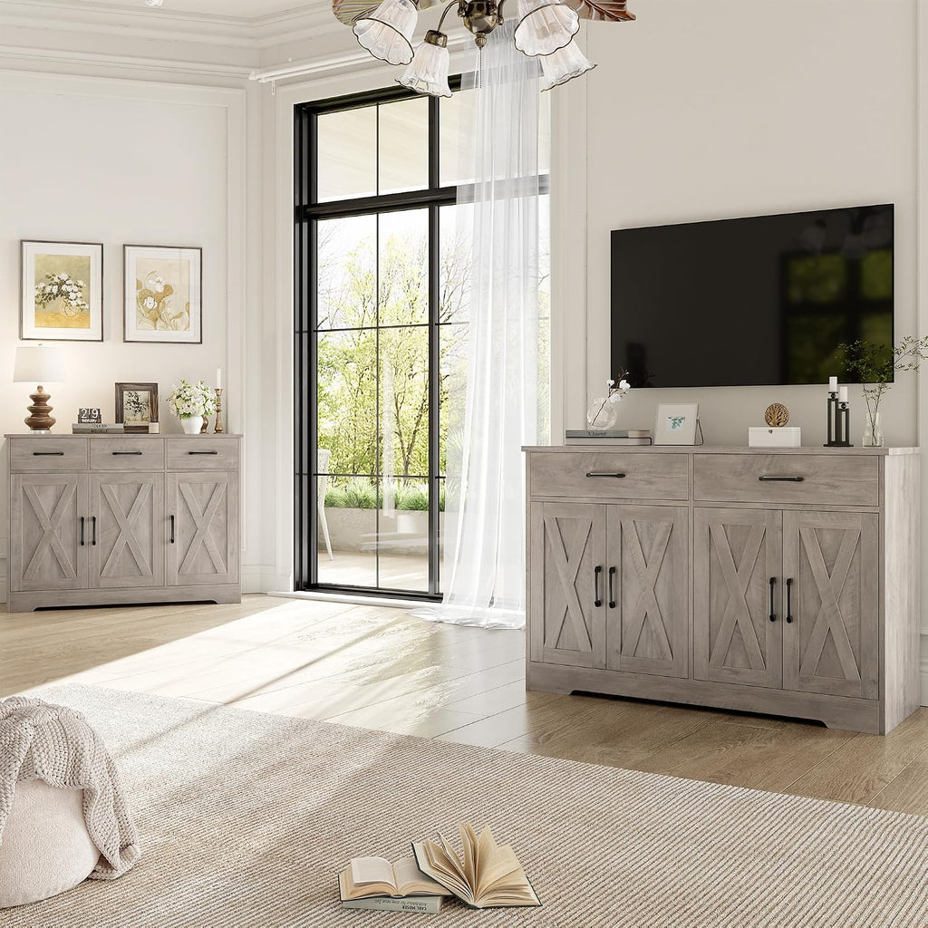 HOSTACK Buffet Cabinet with Storage, 47.2' Kitchen Sideboard Buffet with Drawers, Modern Farmhouse Coffee Bar Station with Shelves, Barn Doors Storage Cabinet for Living Room, Ash Grey