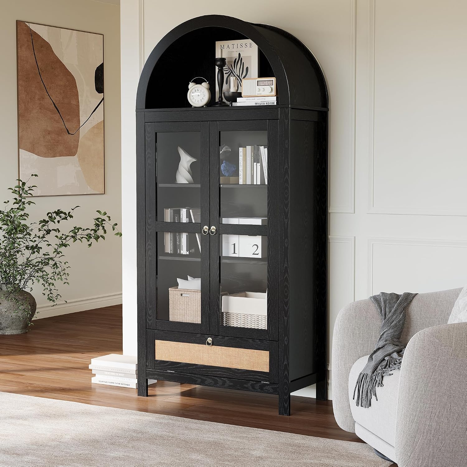 71' Tall Arched Kitchen Pantry Cabinet, Modern Farmhouse Hutch Storage Cabinets with Large Drawer and Glass Doors for Kitchen, Dining Room, Living Room, Black