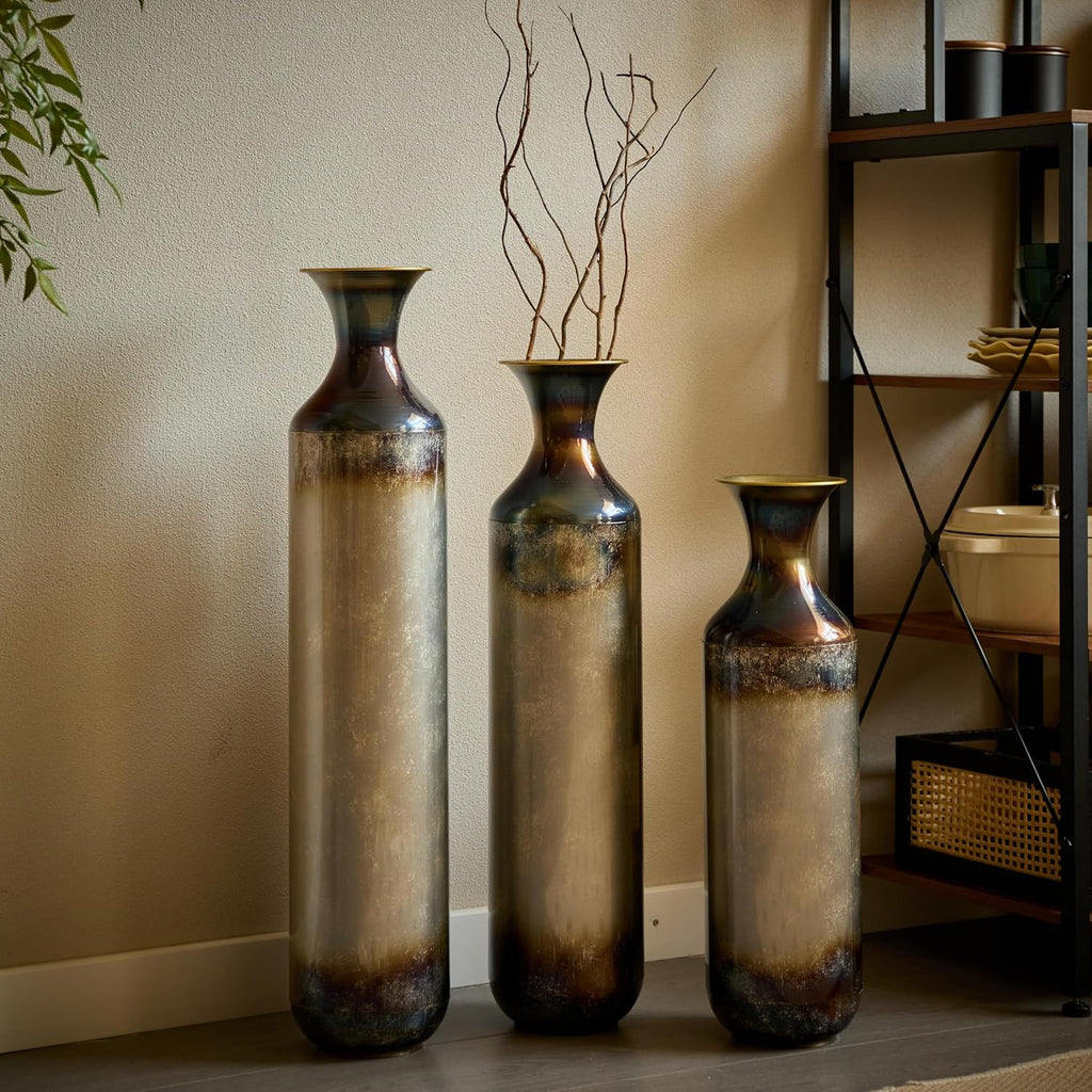 Floor Vases, Tall Home Decor Metal Vase Set of 3 Large Glazed Decorative Vases for Wedding Decor, Elegant Modern Flower Holder for Living Room, Entryway, Hallway