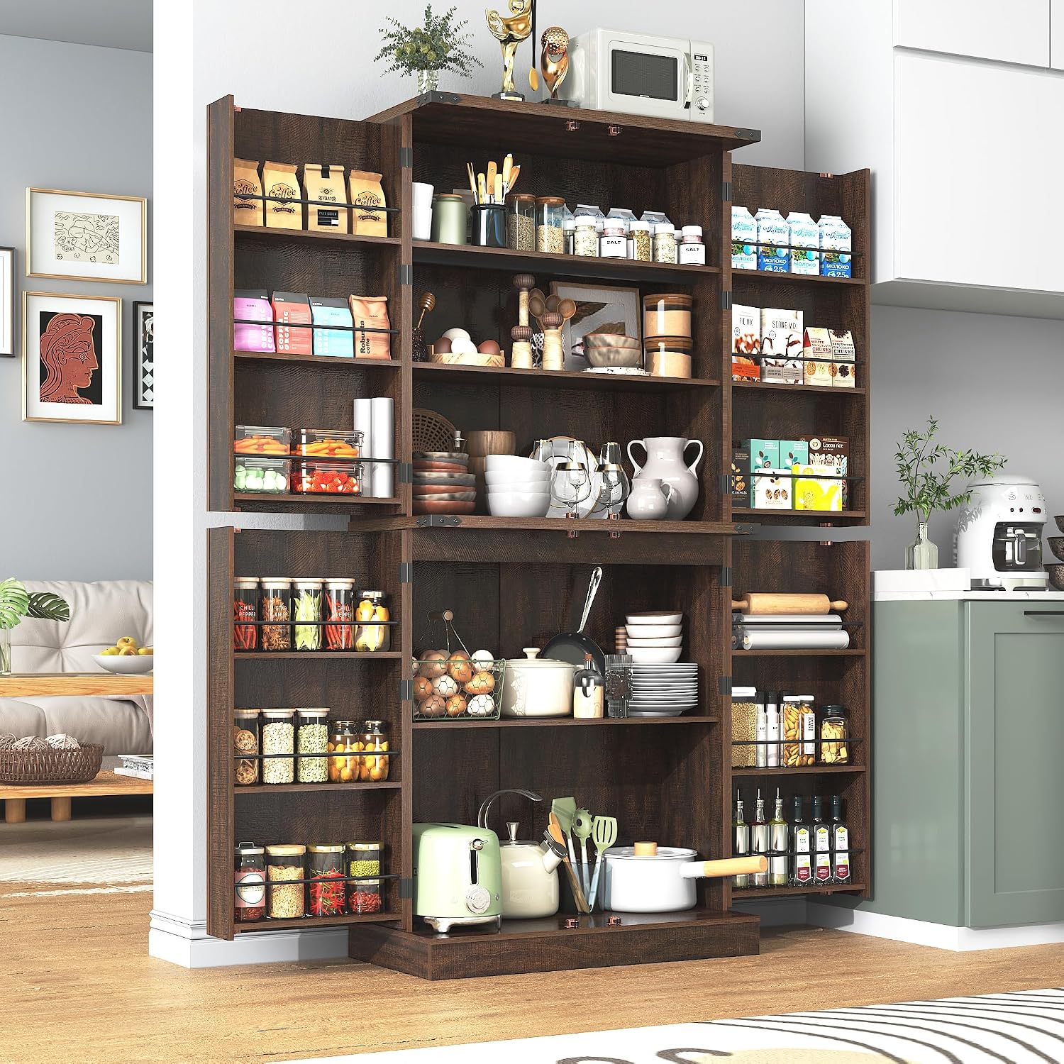71' Tall Kitchen Pantry Cabinet, Farmhouse Tall Kitchen Storage Cabinet with Adjustable Shelves & 4 Barn Style Doors, Wooden Storage Cabinet for Kitchen, Dining Room, Living Room, Bathroom, Office