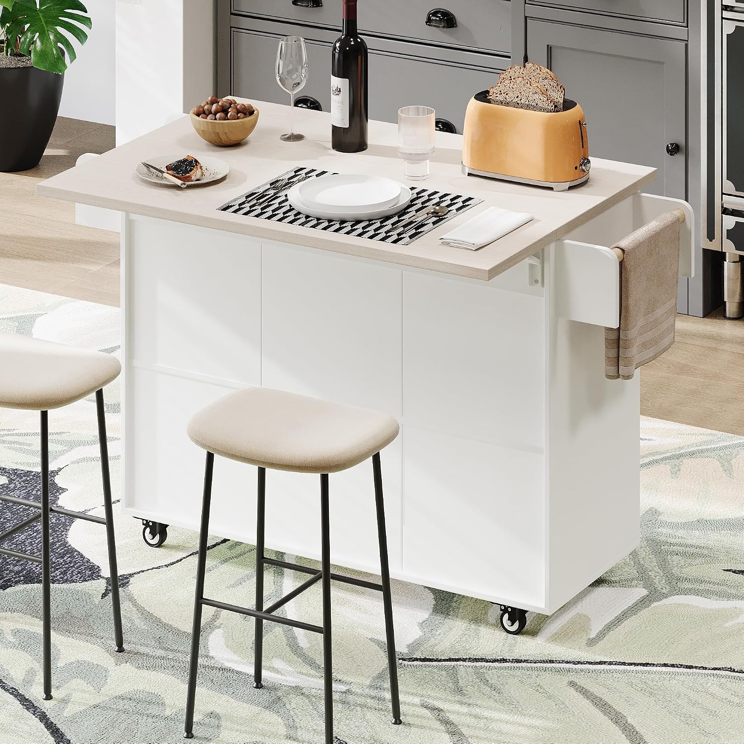Rolling Kitchen Island Carton Wheels with Trash Can Storage Cabinet, Drop Leaf, Spice Rack, Towel Rack, Drawer, Adjustable Shelf for Dining Room Kitchens White