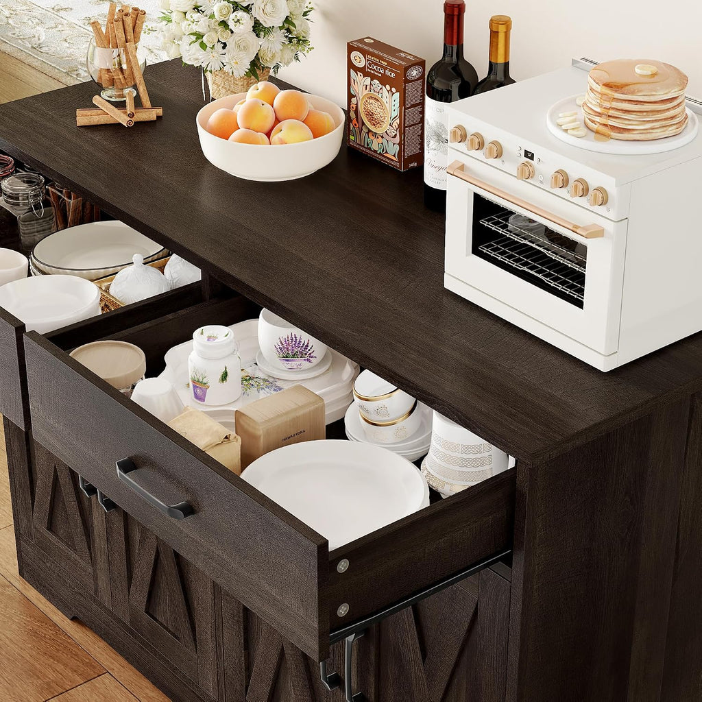 HOSTACK Buffet Cabinet with Storage, 47.2' Kitchen Sideboard Buffet with Drawers, Modern Farmhouse Coffee Bar Station with Shelves, Barn Doors Storage Cabinet for Living Room, Dark Brown