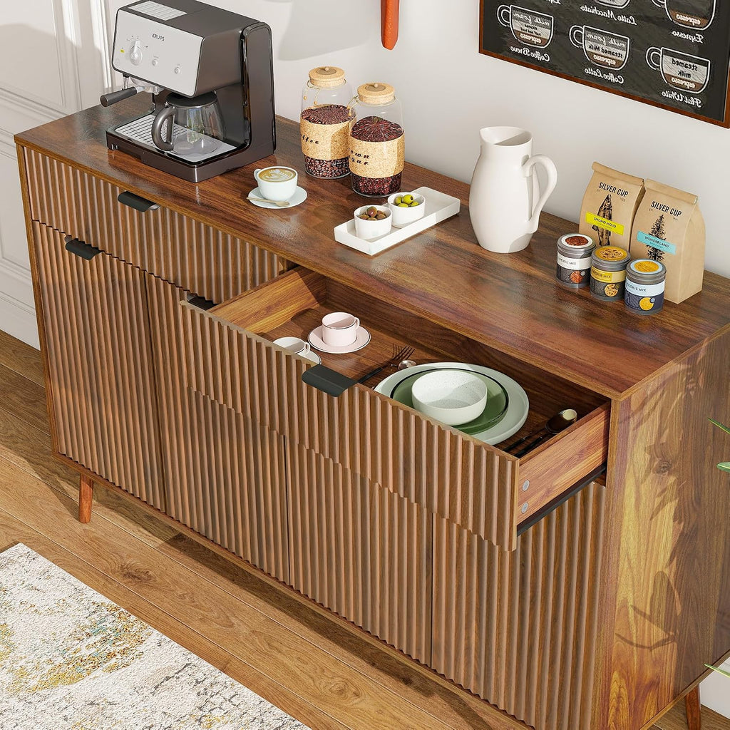 LYNCOHOME Fluted Sideboard Buffet Cabinet with Storage,2 Drawers and 4 Doors,Wood Coffee Bar Cabinet with Solid Wood Feet for Kitchen,Hallway