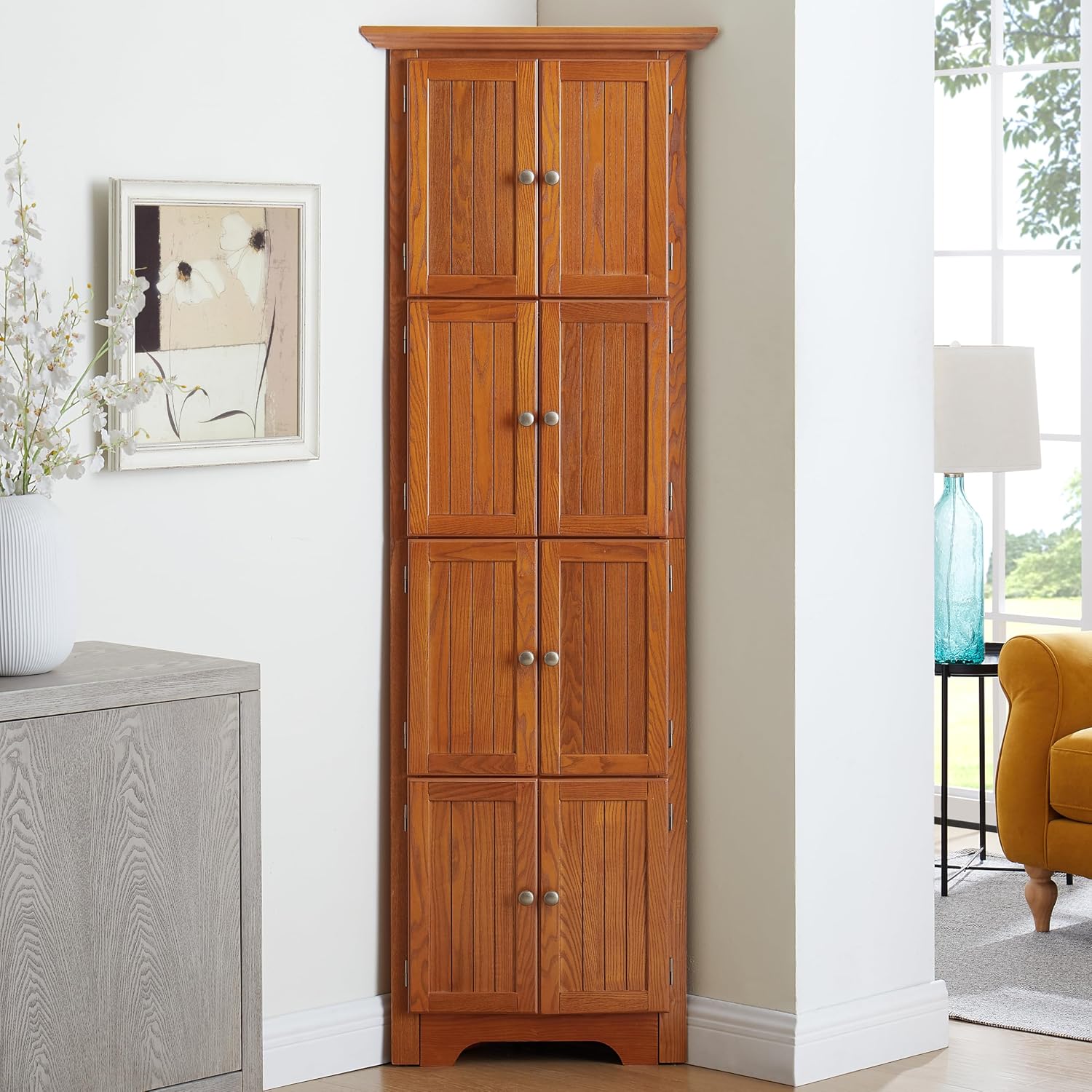 72' Corner Design Freestanding Storage Cabinet, Kitchen Storage Bakers Rack with Sleek Metal Handles, Utility Food Cupboard with 4-Tier Shelves for Kitchen, Bathroom, Living Room, Oak
