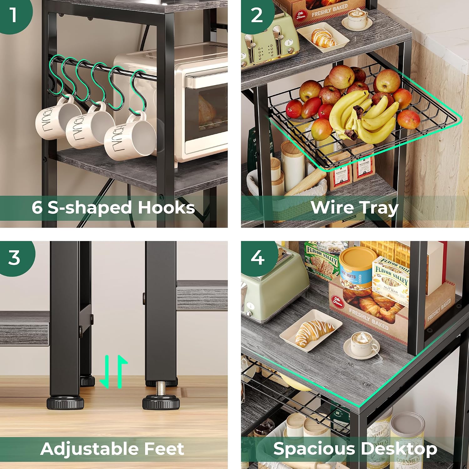 SUPERJARE Bakers Rack with Power Outlet, 47.2 Inches Coffee Bar with 3 Level-Adjustable Open Shelves, Wire Basket, Kitchen Microwave Stand with 6 S-Shaped Hooks, Grey