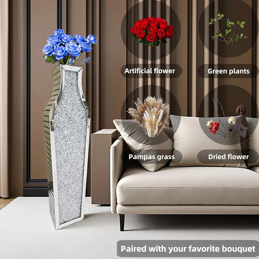 36' Extra Large Double Sided Crushed Diamond Vases, Extra Tall Mirrored Sliver Vase,Floor Vases Decorative Tall, Large Decorative Vase for Home,Office,Hotel Decor(10.6' L x5.37 W x 36' H)
