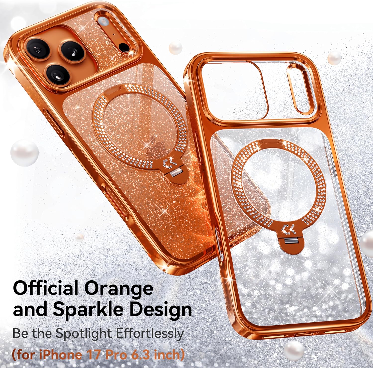 CASEKOO Cosmic Orange Swarovski Sparkle 360 Spin Magnetic Stand for Glossy iPhone 17 Pro Case for Women, Fit for MagSafe, 17FT Drop Protection, Design for 17 Pro Case, Diamond Orange Sparkle