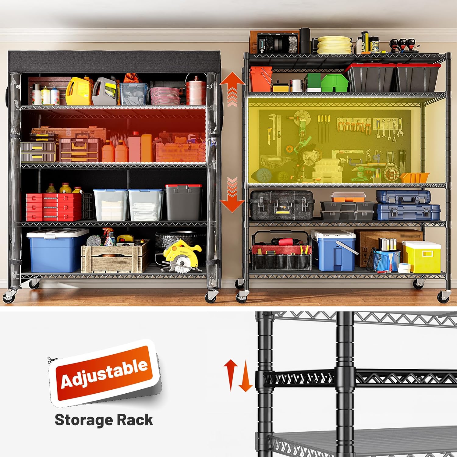 REIBII 45''W Storage Shelves with Cover & Wheels, Metal Shelving Waterproof Dustproof, Wire Shelving Unit Covers, Garage Storage Rack Wire Shelf for Kitchen Pantry, Storage Room, 45Wx17.72Dx72.83H