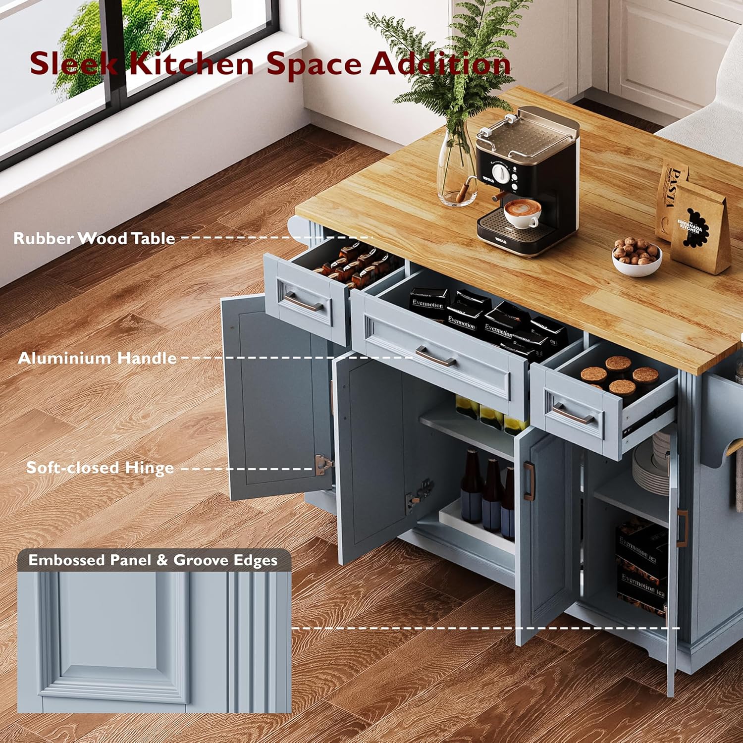 54' Rolling Storage Kitchen Island Cart on 4 Wheels with Drop Leaf, Embossed Texture, 4 Doors and 3 Drawers for Kitchen, Dining Room, Grey Blue, Rubber Wood Top