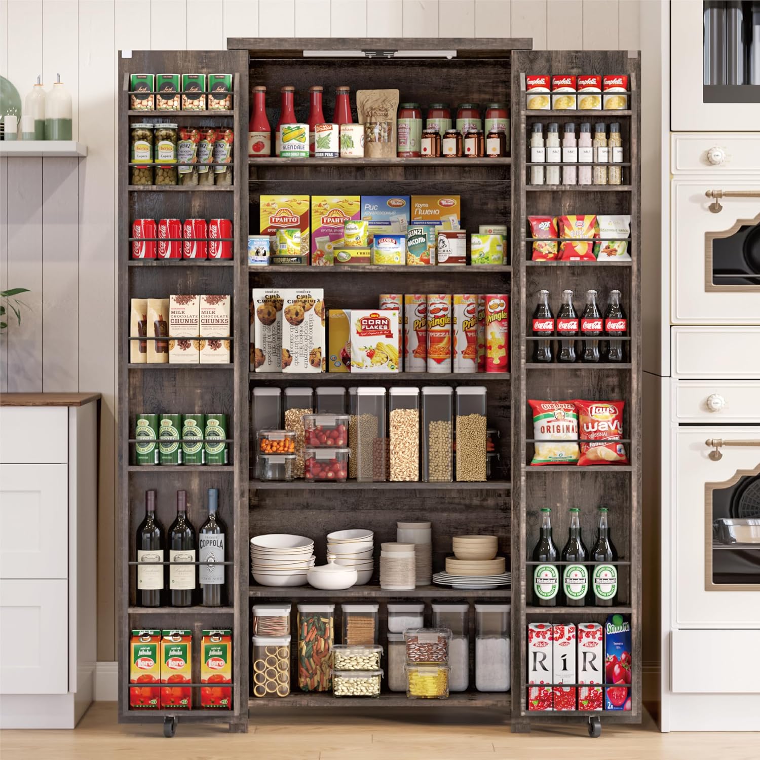 Furnaza Kitchen Pantry Cabinets - 72' Tall Farmhouse Food Storage Cabinets Cupboard with 2 Barn Doors and Shelves Adjustable for Large Dinning or Living Room, in Rustic Brown