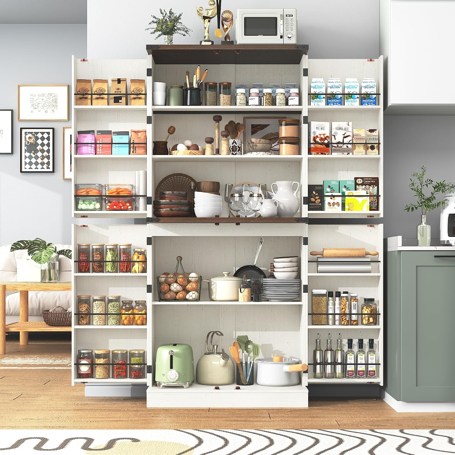 71' Tall Kitchen Pantry Cabinet, Farmhouse Tall Kitchen Storage Cabinet with Adjustable Shelves & 4 Barn Style Doors, Wooden Storage Cabinet for Kitchen, Dining Room, Living Room, Bathroom, Office