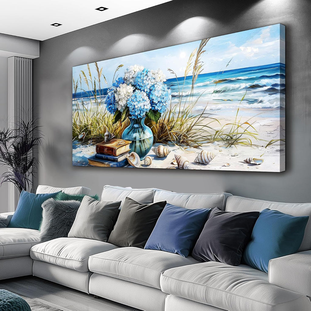 JUDASJART Wall Decor For Bedroom Large Wall Art For Living Room Office Decorations Modern Blue Beach Flower vase Paintings Ocean Seascape Wall Pictures Canvas Artwork Home Decor Ready To Hang