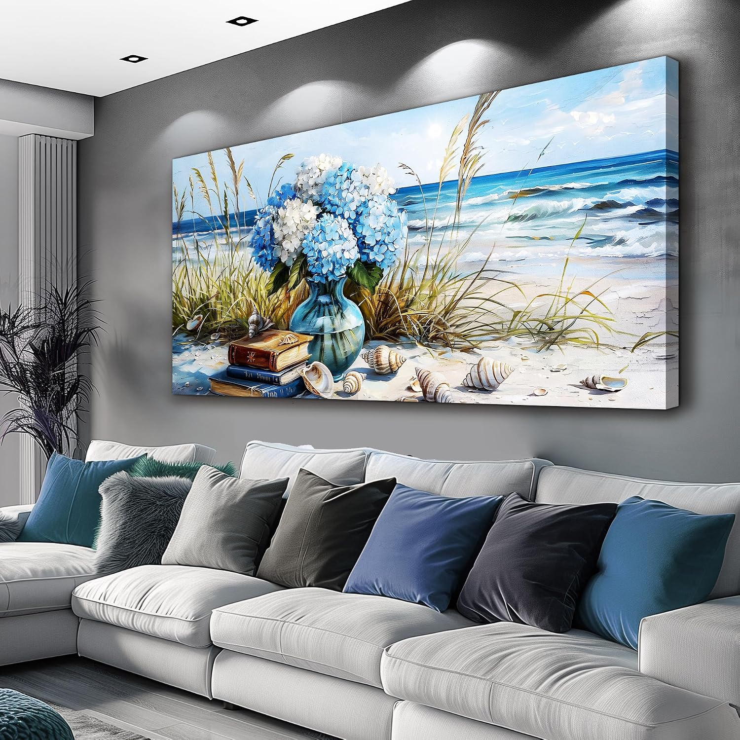 JUDASJART Wall Decor For Bedroom Large Wall Art For Living Room Office Decorations Modern Blue Beach Flower vase Paintings Ocean Seascape Wall Pictures Canvas Artwork Home Decor Ready To Hang