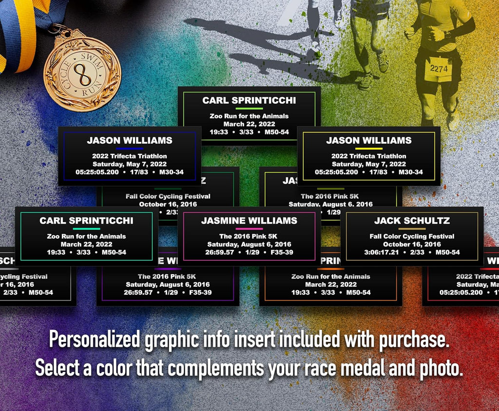 Runners/Sports Pro Display Frame for Medal Award, Racing Bib/Other, Photo & Printed Graphic Info Insert for Marathon Event, 10K, 5K, Triathlon, Biking, Swimming & Other Sport, Academic, Artistic, etc. Achievements (Black/Silver Mats)
