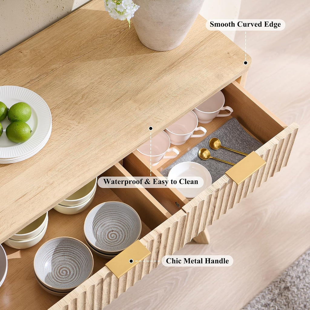 OKD Fluted Storage Cabinet with Drawers, 60' Morden Buffet Sideboard Coffee Bar Cabinet with 4 Doors and 3 Drawers for Dining Room, Living Room,Hallway (Natural Oak)