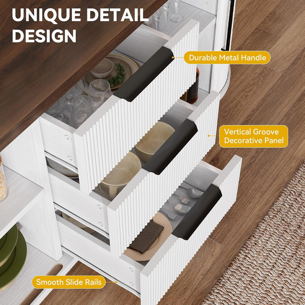 DWVO Modern TV Stand for 60 inch TVs, Fluted Entertainment Center with 3 Drawers & Storage Cabinet, Sliding Door & Adjustable Shelf, Media Console for Living Room, White & Brown