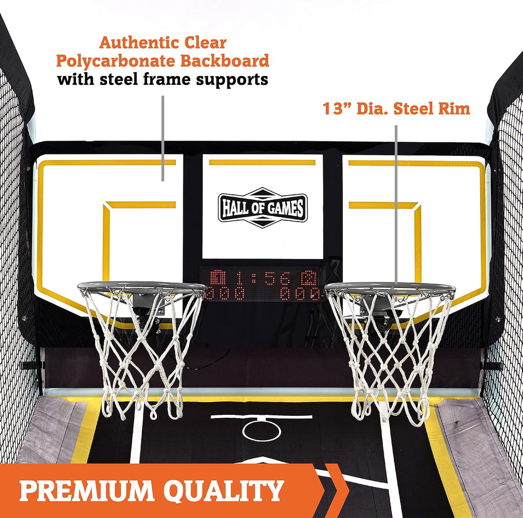 Hall of Games Xtra Long Shot EZ-Fold Premium Arcade Basketball Game with Built-in 4-Ball Storage Rack, Pop Off with The Perfect Basketball Game