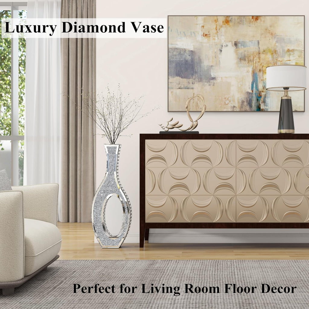SHYFOY Floor Vase Crushed Diamond Mirrored Vase 30' Tall, Large Silver Tall Vases for Floor Crystal Hollow Decorative Glass Vases for Luxury Home Decor Living Room Office Bedroom Kitchen