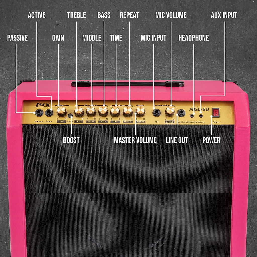 LyxPro 60 Watt Electric Guitar Amplifier | Combo Solid State Studio & Stage Amp with 10' 4-Ohm Speaker, Custom EQ Controls, Drive, Delay, ¼' Passive/Active/Mic Inputs, Aux In & Headphone Jack - Pink